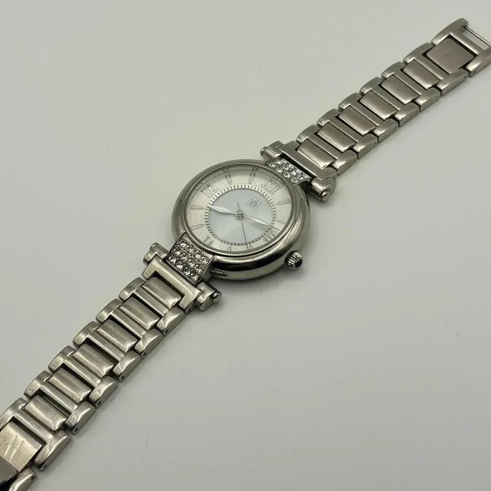 M MEI64 Silver Tone Crystals St. Steel Women’s Watch Working New Battery